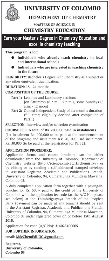 Masters of Science in Chemistry Education - Department of Chemistry - University of Colombo